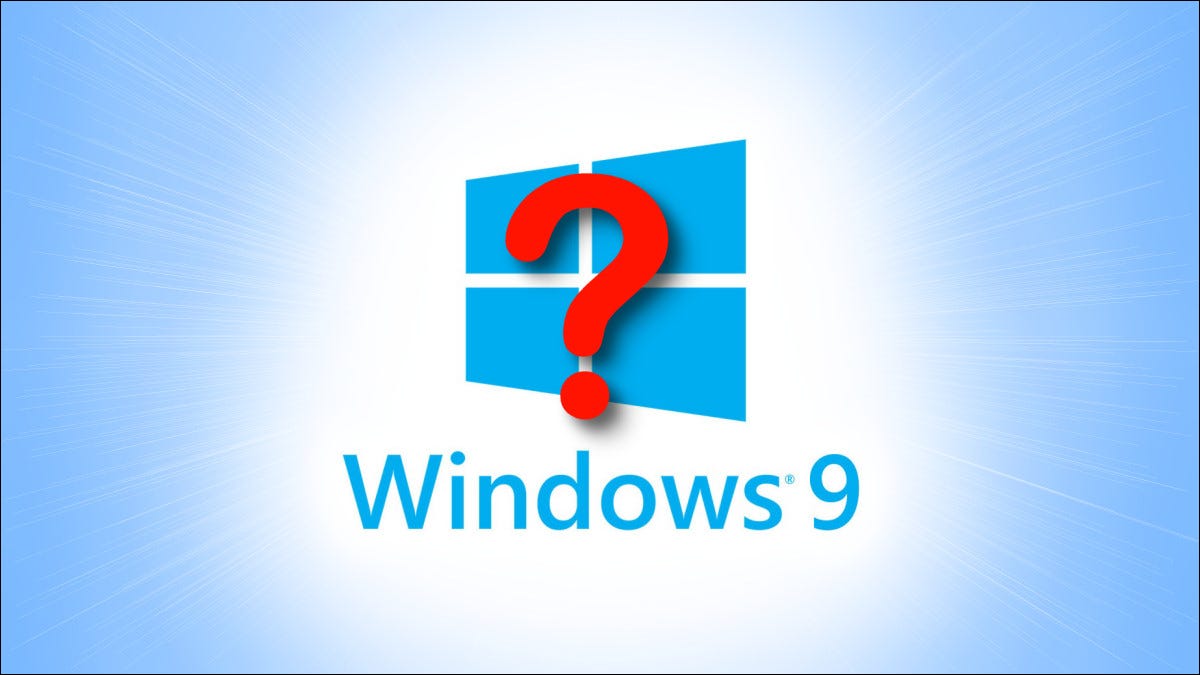 Um logotipo fictício do "Windows 9" com um ponto de interrogação sobre ele.