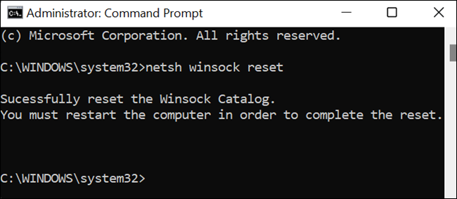 Redefinir com sucesso o Winsock no prompt de comando