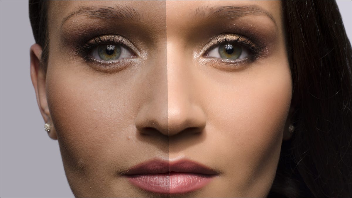 Close up do rosto de uma mulher, com comparação de retoque antes e depois.