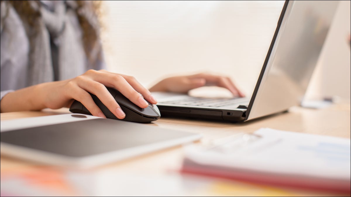 A woman using a wireless mouse with her laptop.