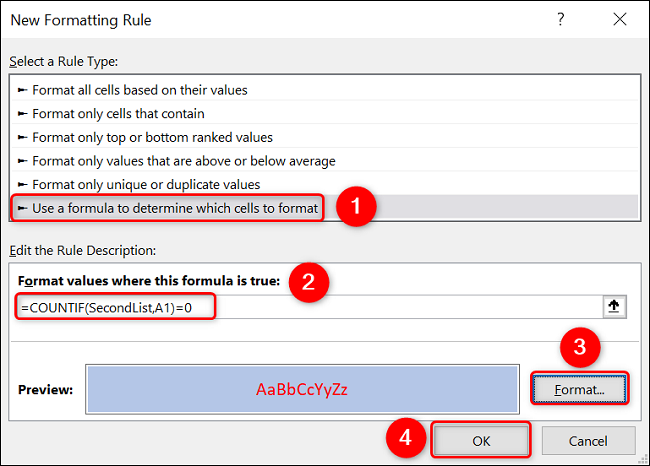 Formate células para comparar listas no Excel.