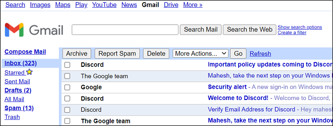 Gmail no modo básico.