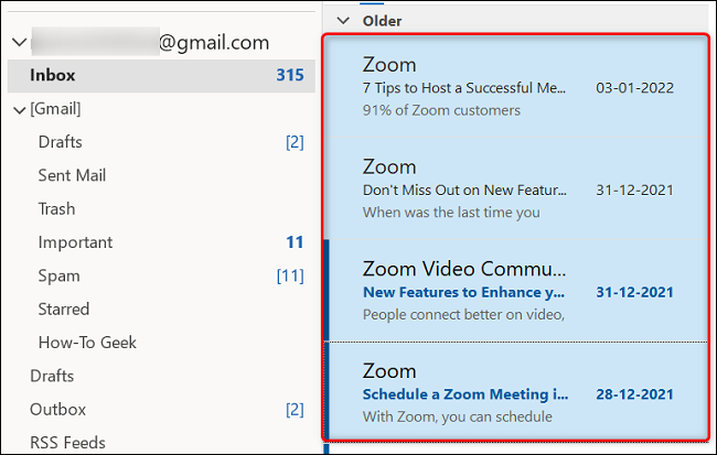 Remova e-mails consecutivos no Outlook na área de trabalho.