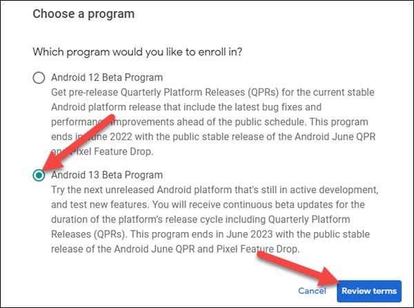 Escolha o programa Android 13.