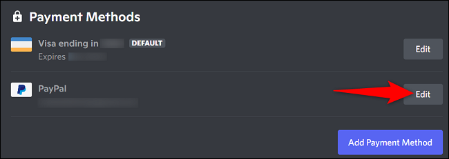 Selecione “Editar” ao lado de “PayPal”.