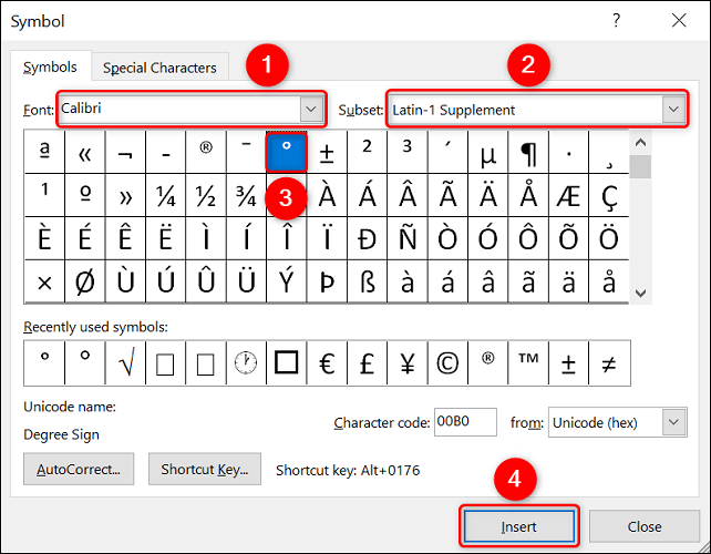 Insira o símbolo de grau em um documento do Word.