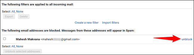 Selecione "Desbloquear" ao lado de um endereço de e-mail.