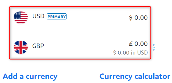 Veja o saldo em várias moedas no PayPal no desktop.