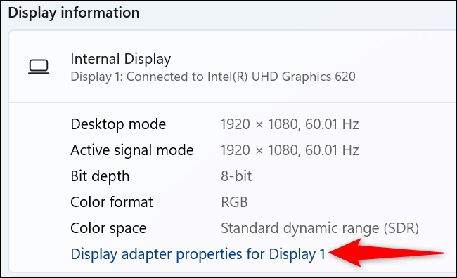 Clique em "Propriedades do adaptador de vídeo para o monitor 1".