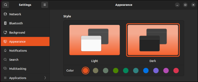 Modo escuro selecionado no painel Aparência no Ubuntu 22.04