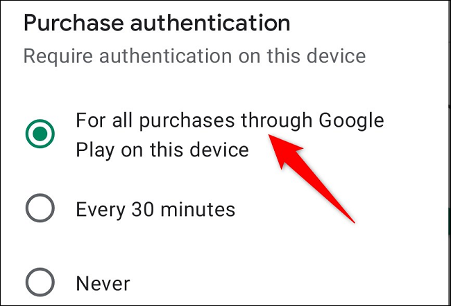 Ative "Para todas as compras através do Google Play neste dispositivo".