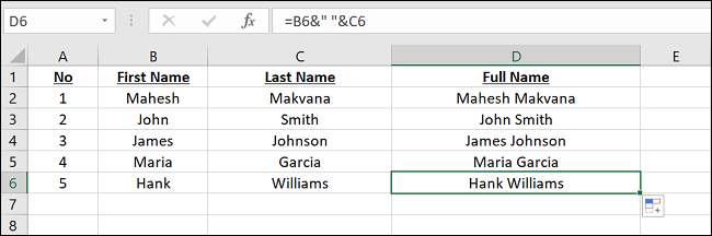 Concatenação com "&" no Excel.