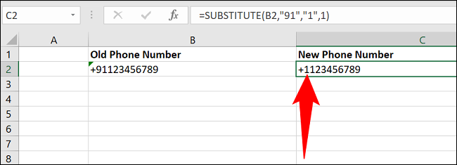 Código do país alterado com a função SUBSTITUTE.