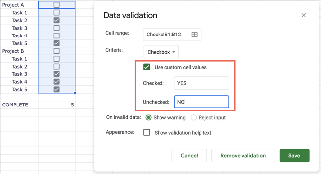 Valores personalizados para caixas de seleção no Planilhas Google