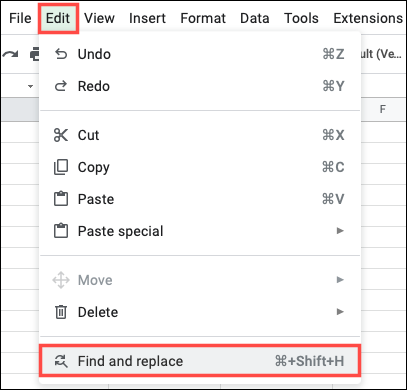 Localizar e substituir no menu Editar