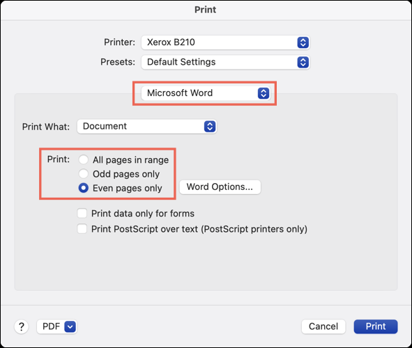 Imprimir páginas pares no Word no Mac