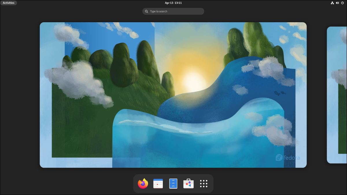 A área de trabalho do Fedora 36 com duas janelas ativas, um iniciador de aplicativos e uma paisagem pintada para o plano de fundo.