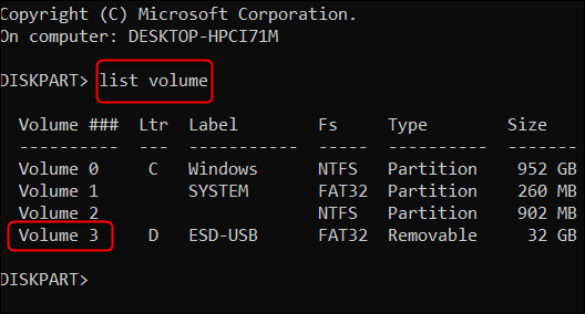 Encontre o número do seu volume USB.