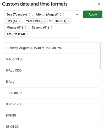 Janela de formatos personalizados de data e hora