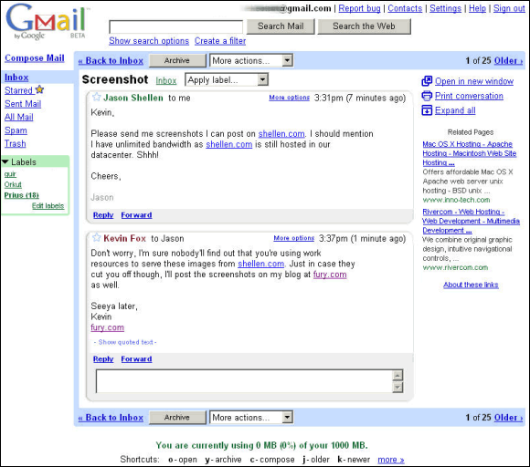 Interface do Gmail de 2004.