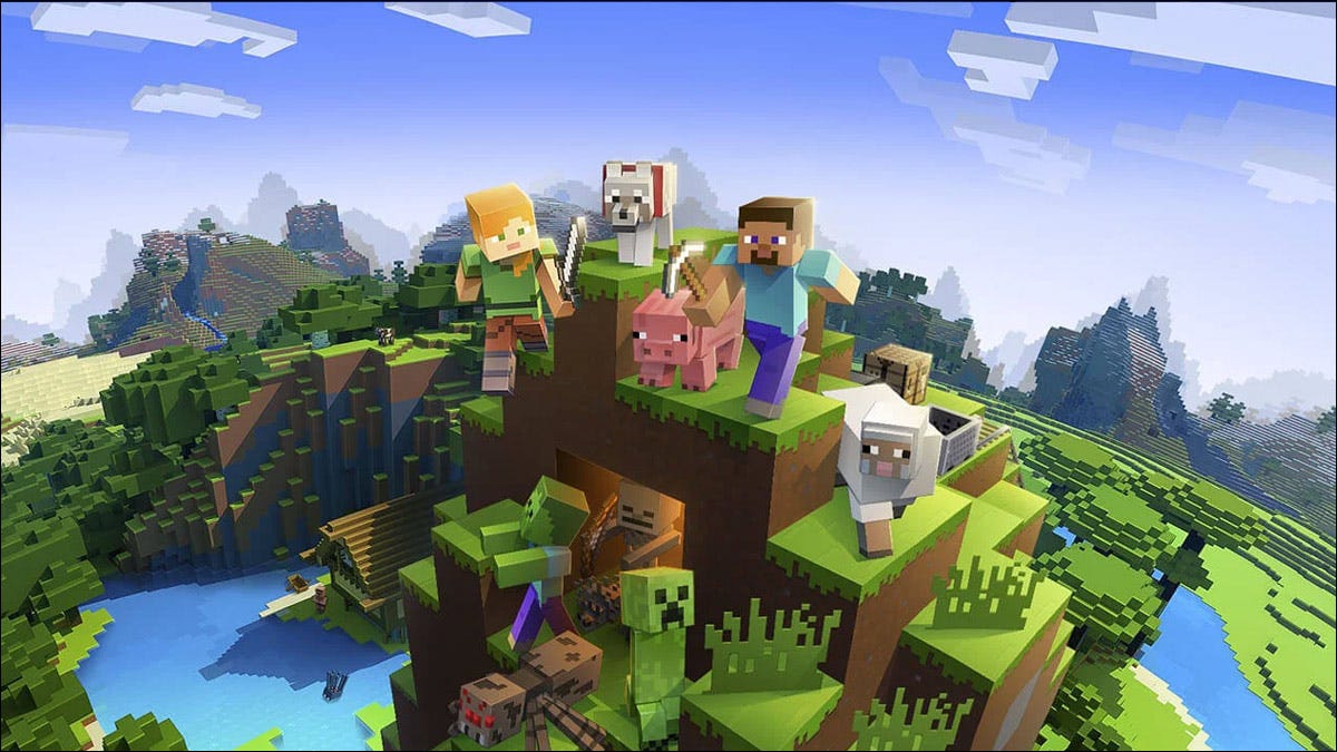 Jogadores de Minecraft cercados por mobs em um pico de montanha.
