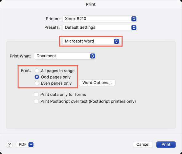 Imprimir páginas ímpares no Word no Mac