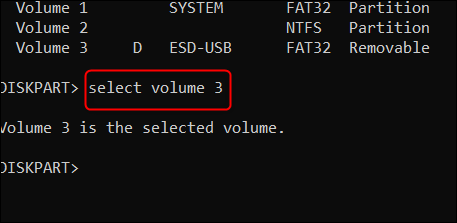 Execute o comando para selecionar um volume.