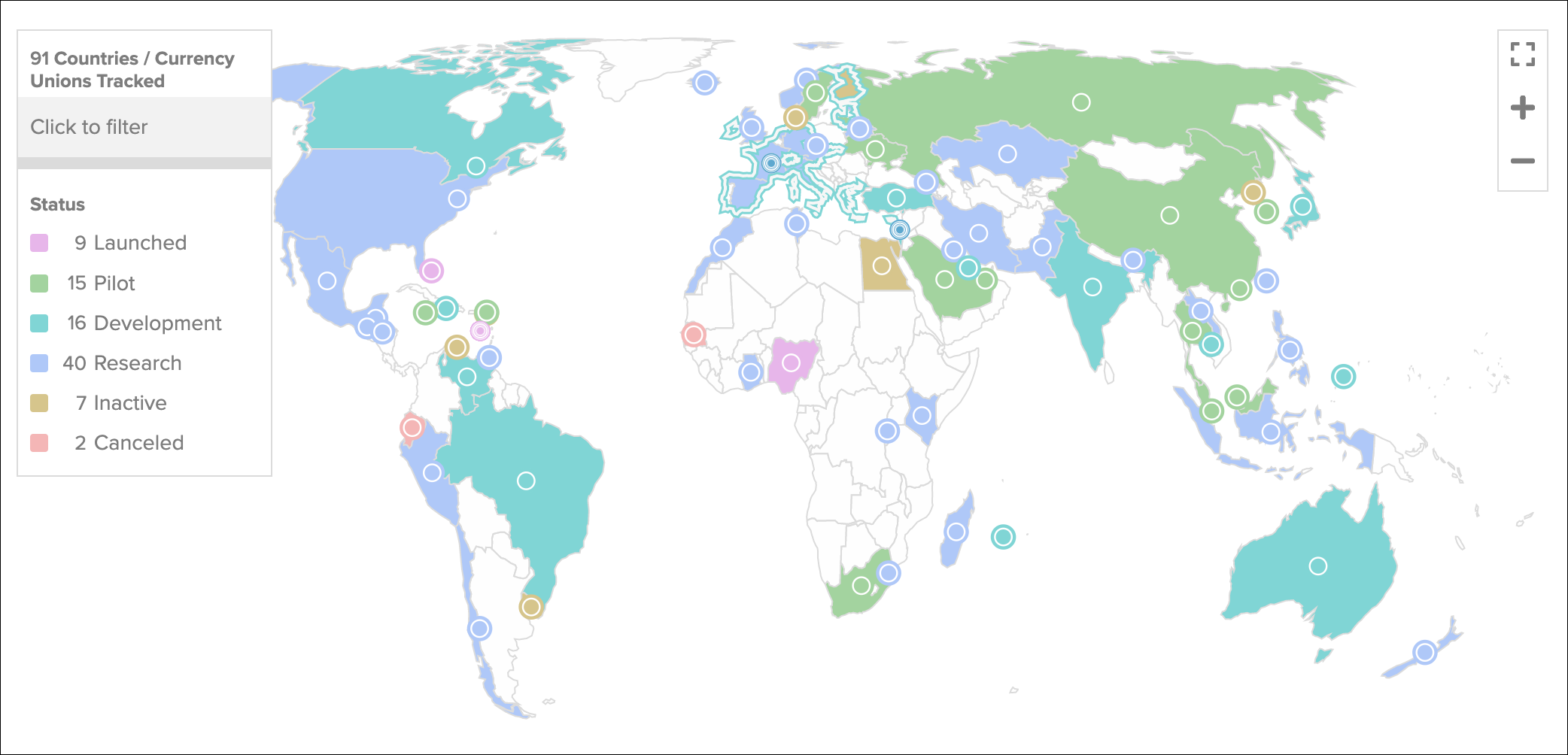 Desenvolvimento de CBDCs por país com base em códigos de cores