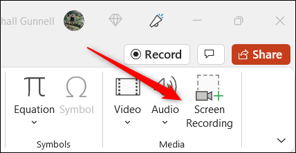 Opção de gravação de tela no PowerPoint.