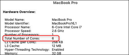 O número total de núcleos no Mac.