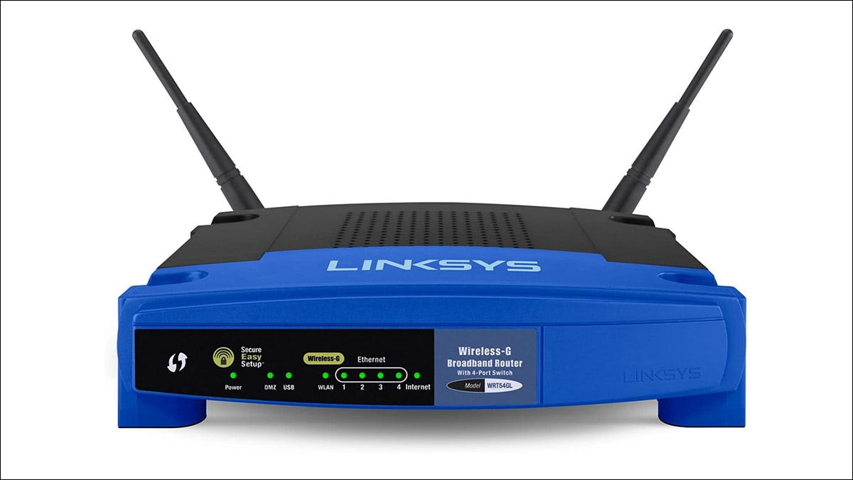 Um roteador Wi-Fi Linksys WRT54GL.