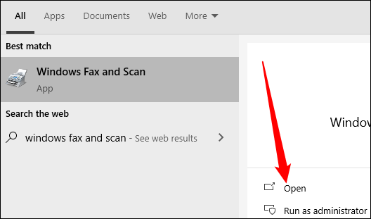 Pesquise "Fax e Scan do Windows" no menu Iniciar e pressione Enter ou clique em "Abrir".