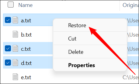 Clique com o botão direito do mouse em qualquer um dos arquivos e, em seguida, clique em “Restaurar”.