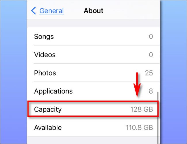 Em "Sobre" nas configurações do iPhone, você verá a capacidade listada.