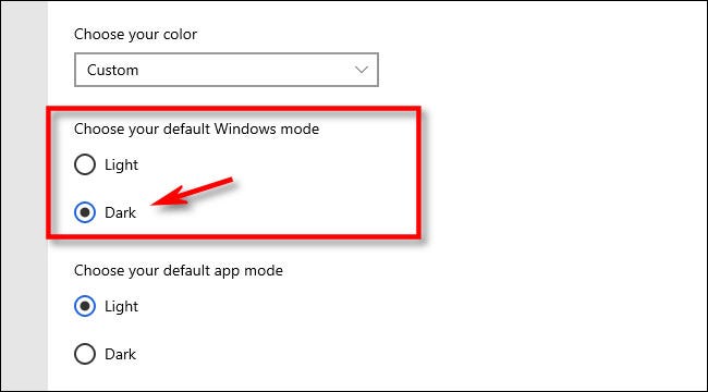 Em "Escolha seu modo padrão do Winodws", selecione "Escuro".