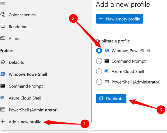 Clique em "Adicionar um novo perfil", selecione Windows PowerShell e clique em "Duplicar".