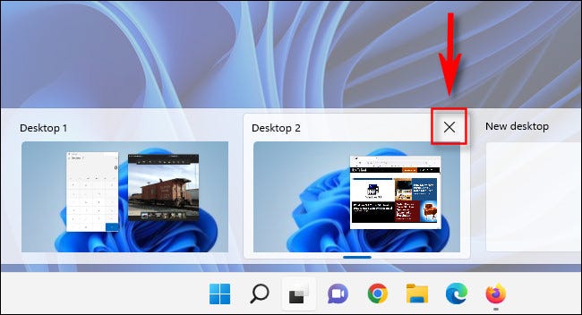 Clique no "X" em uma miniatura da área de trabalho virtual para fechar a área de trabalho virtual no Windows 11.