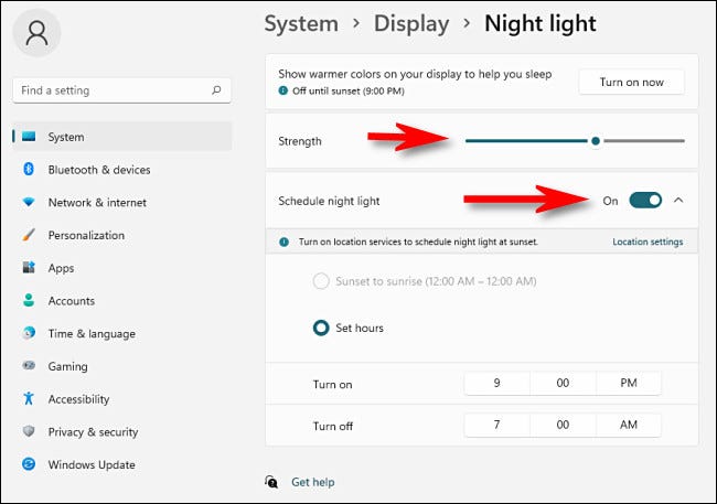 Alterando as opções de luz noturna nas configurações do Windows.