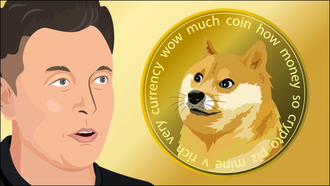 Uma ilustração de Elon Musk ao lado de uma moeda doge.