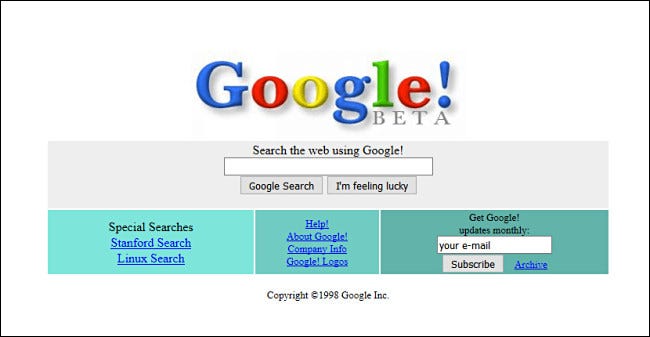 A página inicial do Google em 1998.