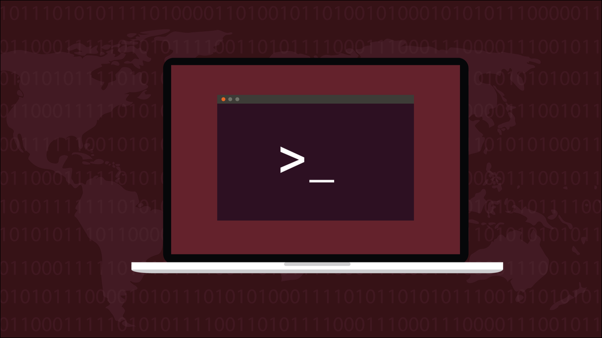 Terminal Linux em um laptop sobre um pano de fundo vermelho.