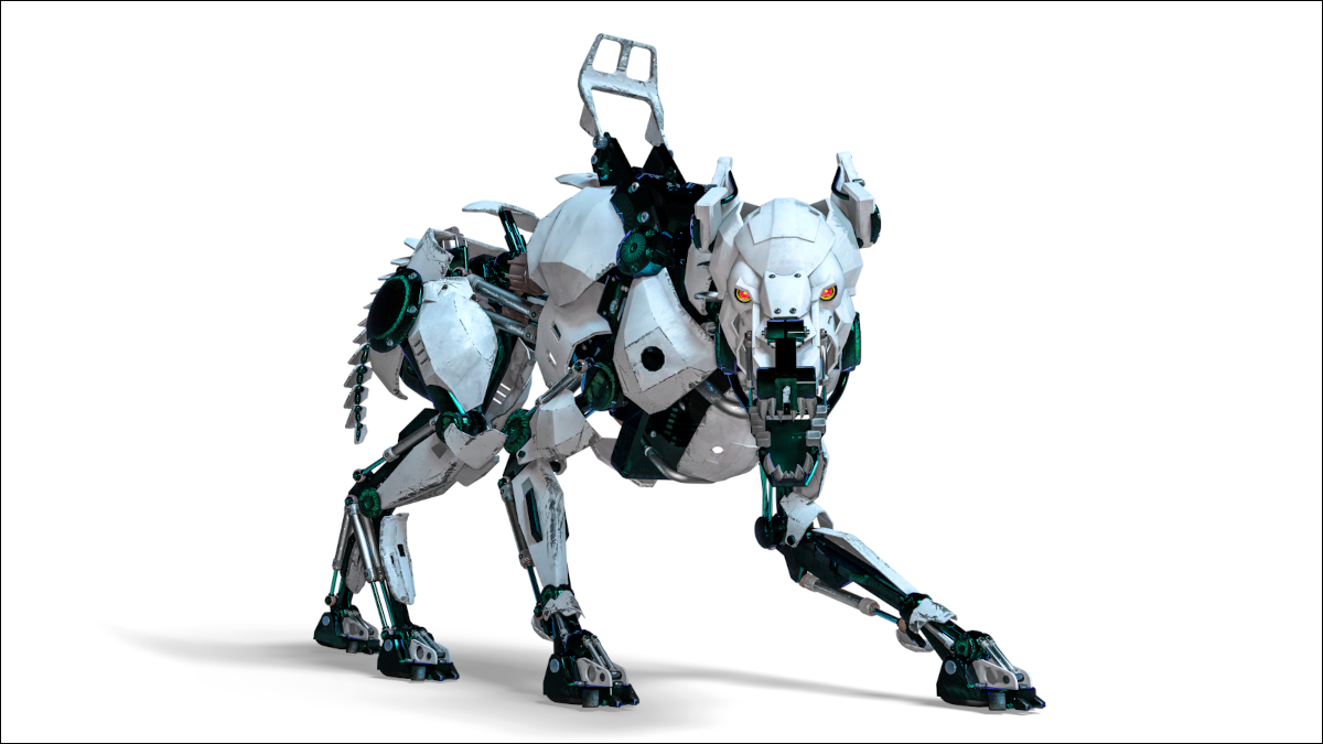 Representação artística de um conceito de cão de guarda robô de segurança.