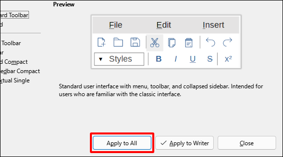 Clique em "Aplicar a todos" para salvar suas configurações nos aplicativos do LibreOffice.