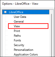 Clique em "Exibir" na árvore de opções do LibreOffice.