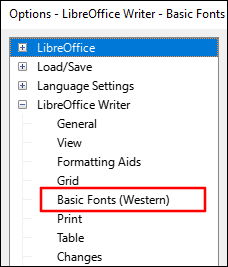 Clique em "Fontes básicas (ocidentais)" na árvore do LibreOffice Writer.