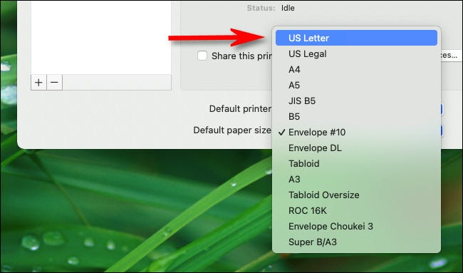 Nas Preferências do Sistema Mac, no menu "Tamanho do papel padrão", selecione o tamanho do papel da impressora que você gostaria de usar.