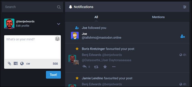 Um screenfrot Mastodon de abril de 2022 mostrando notificações.