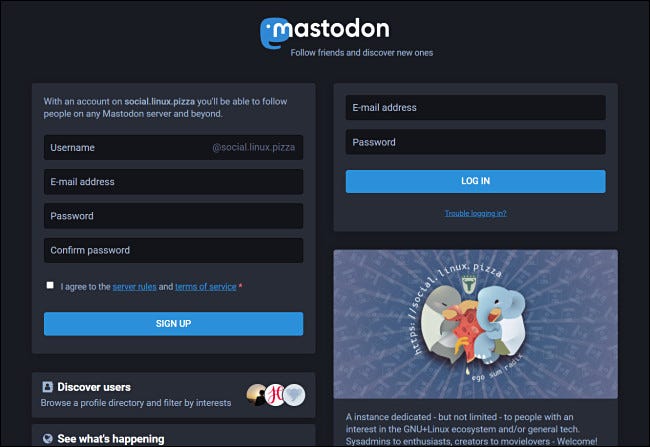 Uma tela de inscrição do Mastodon.