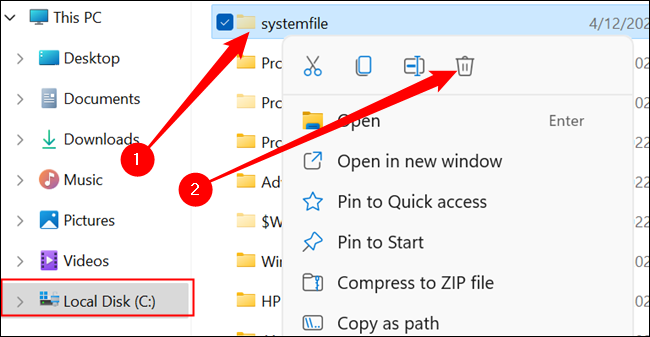Clique com o botão direito do mouse em "arquivo do sistema" se estiver presente e clique no botão excluir.