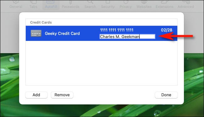 Clique em um campo de entrada de cartão de crédito para editá-lo.
